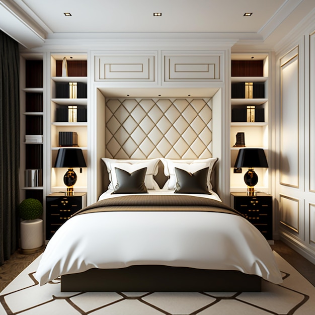 Beautiful luxury bedroom interior suite in hotel with self Elegant room design