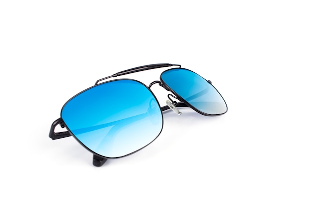 Beautiful luxury black sunglasses with multicolor mirror lens isolated on white background