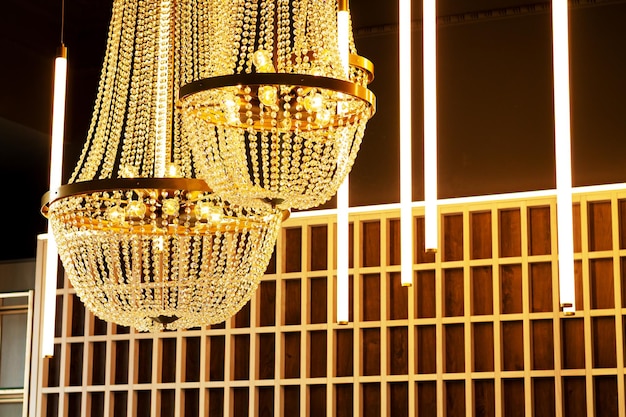 Beautiful luxury ceiling crystal chandelier in hotel