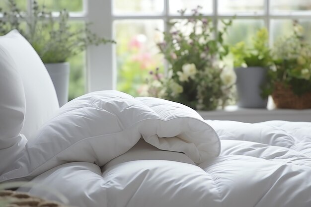 Foto bellissimo cuscino bianco confortevole di lusso e coperta sul letto decorazione coperta bianca di lusso