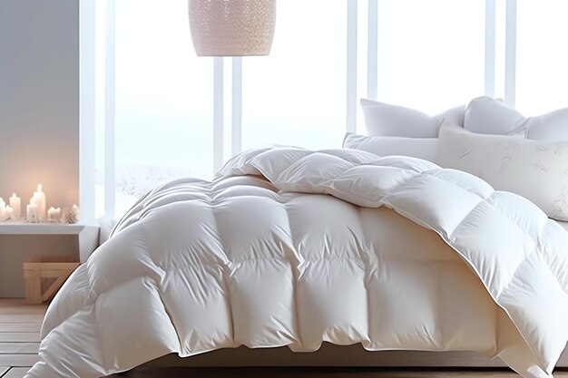 Photo beautiful luxury comfortable white pillow and blanket on bed decoration luxury white down comforter