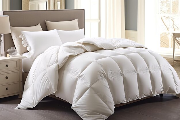 Beautiful luxury comfortable white pillow and blanket on bed decoration Luxury white down comforter