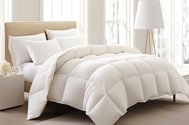 Photo beautiful luxury comfortable white pillow and blanket on bed decoration luxury white down comforter