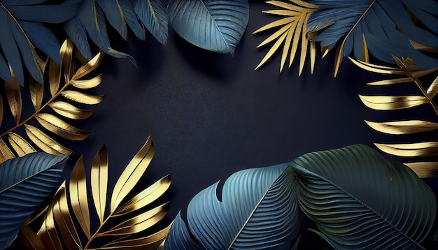 Beautiful luxury dark blue textured 3D background frame with gold Generative ai