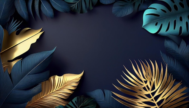 美しい沢な濃い青色のテクスチャー付き 3D 背景フレームで金色と青色の熱帯の葉が付いています