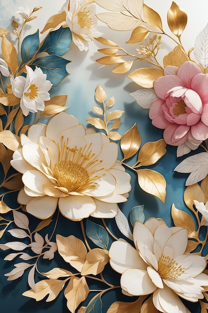 Beautiful Luxury flowers wedding background with golden flowers in watercolor style