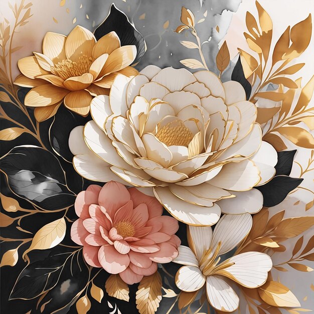 Beautiful Luxury flowers wedding background with golden flowers in watercolor style