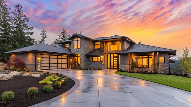 Beautiful Luxury Home Exterior at Twilight with Colorful Sunset Sky Generative Ai