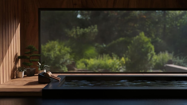 Beautiful and luxury Onsen room in Japanese style with bath against the window with nature view