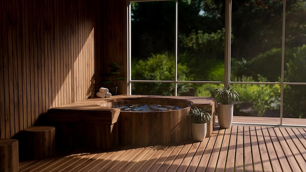 유리 벽에 나무 욕조가 있는 일본식의 아름답고 고급스러운 온천 스파 룸
