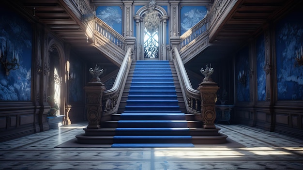 Photo beautiful luxury staircase with blue carpet