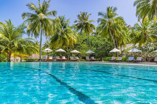 Beautiful luxury umbrella chairs outdoor swimming pool in tropical beach resort, tranquil poolside