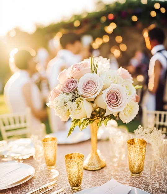 Beautiful luxury wedding table decoration idea and inspiration with flowers and generic stylised design for a summer wedding celebration outdoors in the English style floral garden Generative Ai