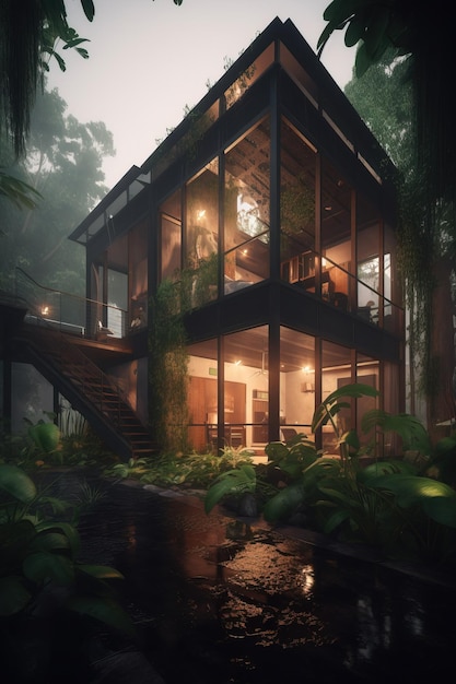 Beautiful luxutyous house with large windows in the jungle with green vegetations trees Generative Ai