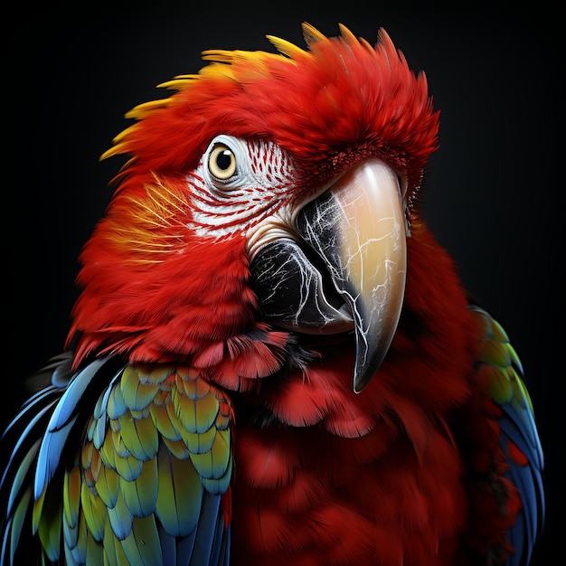 Прекрасный портрет попугая-ара вблизи на темном фоне