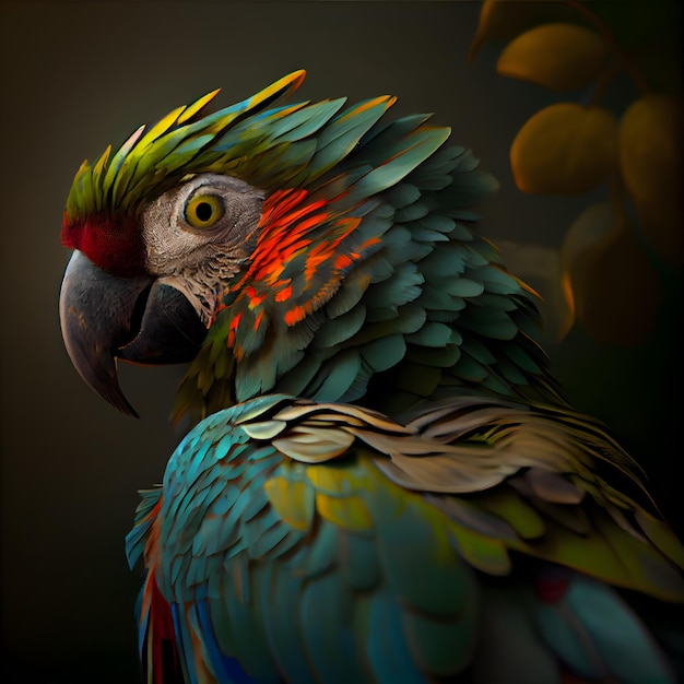 어두운 배경 3d 렌더링에 아름다운 마코 앵무새