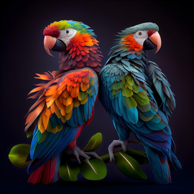 Beautiful macaw parrots isolated on black background Animal illustration