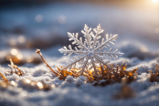 Beautiful macro photo of a snowflake Winter ai generative