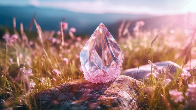 Foto bellissimo cristallo magico su un prato verde con fiori rosa