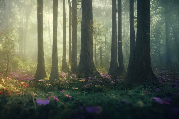 Bella foresta magica nella soleggiata vista nebbiosa.