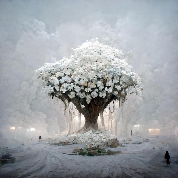 흰색 배경에 흰색 꽃의 아름다운 마법의 거대한 나무