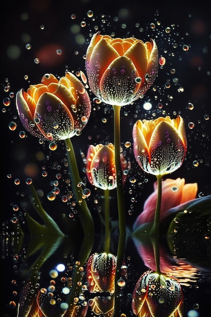 Beautiful magic glowings tulips flowers with water