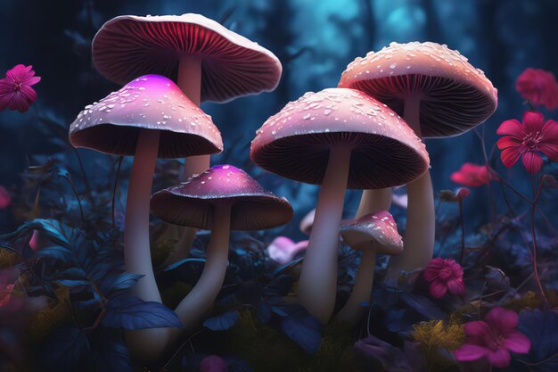 beautiful magic mushroom in the forest magic neon light magic of fairy tale neon art of mysteriou