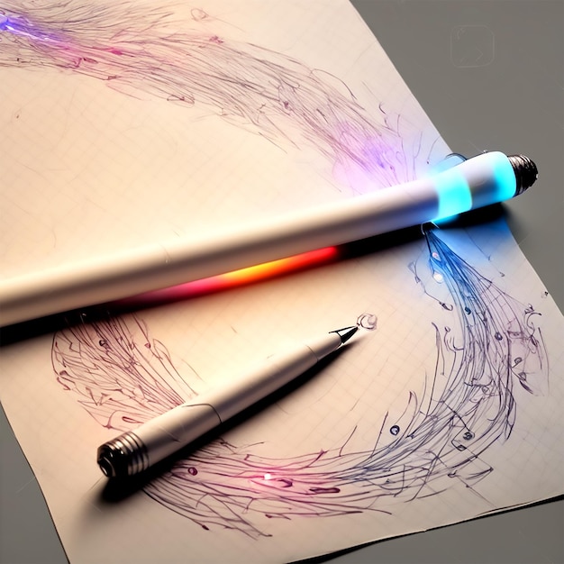 종이 주위에 빛과 움직임을 방출하는 아름다운 마법 펜