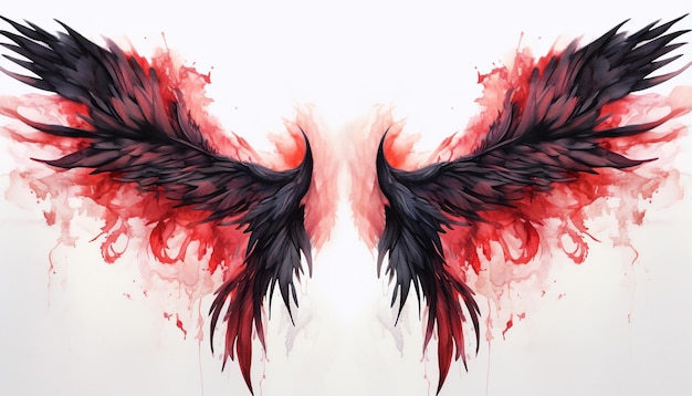 Красивые красные черные крылья, нарисованные акварелью.