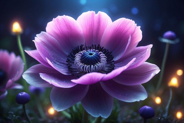 아름다운 마법의 아네몬 꽃과 마법의 빛이 배경입니다.