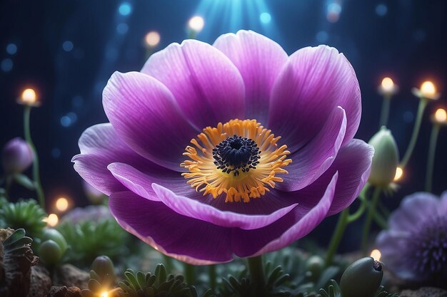 Foto un bellissimo fiore di anemone magico con luci magiche sullo sfondo