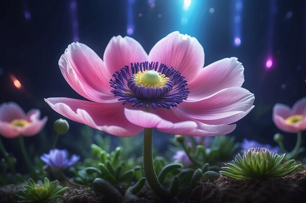 Photo a beautiful magical anemone flower with magical lights in the background