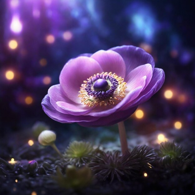 Foto un bellissimo fiore di anemone magico con luci magiche sullo sfondo