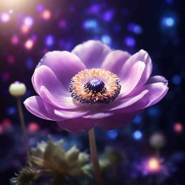 A Beautiful Magical Anemone Flower with magical lights in the background