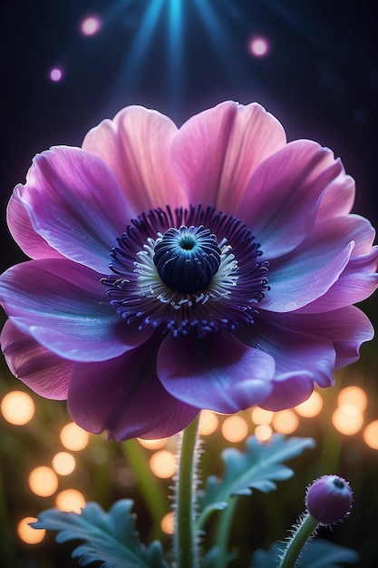 A Beautiful Magical Anemone Flower with magical lights in the background