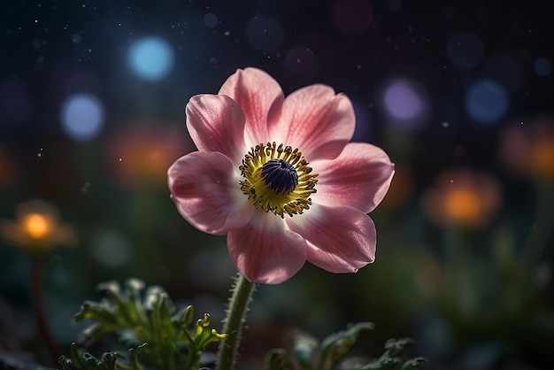 A Beautiful Magical Anemone Flower with magical lights in the background