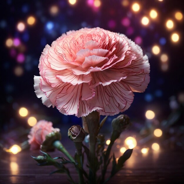 Photo a beautiful magical carnation flower with magical lights in the background