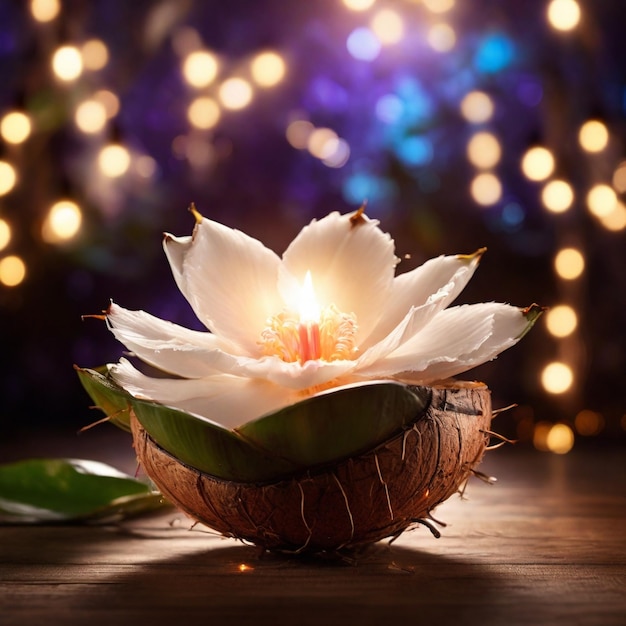 A Beautiful Magical Coconut Flower with magical lights in the background