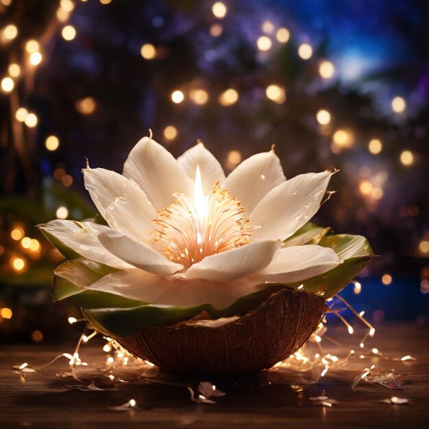 A Beautiful Magical Coconut Flower with magical lights in the background