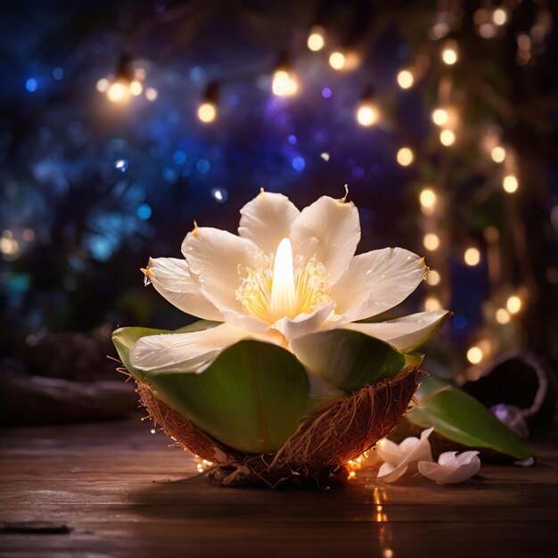 A Beautiful Magical Coconut Flower with magical lights in the background