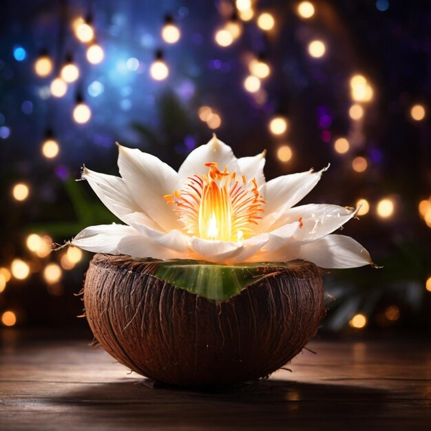 Beautiful Magical Coconut Flower with magical lights in the background