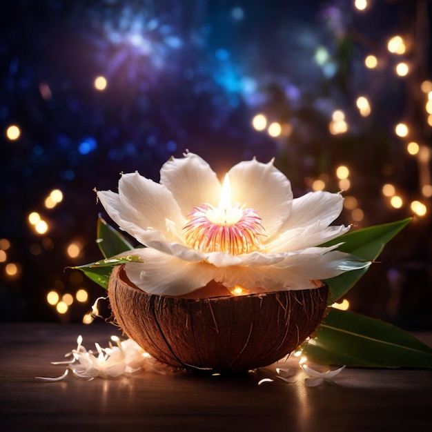 Beautiful Magical Coconut Flower with magical lights in the background