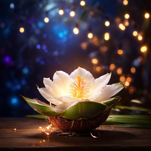 Beautiful Magical Coconut Flower with magical lights in the background