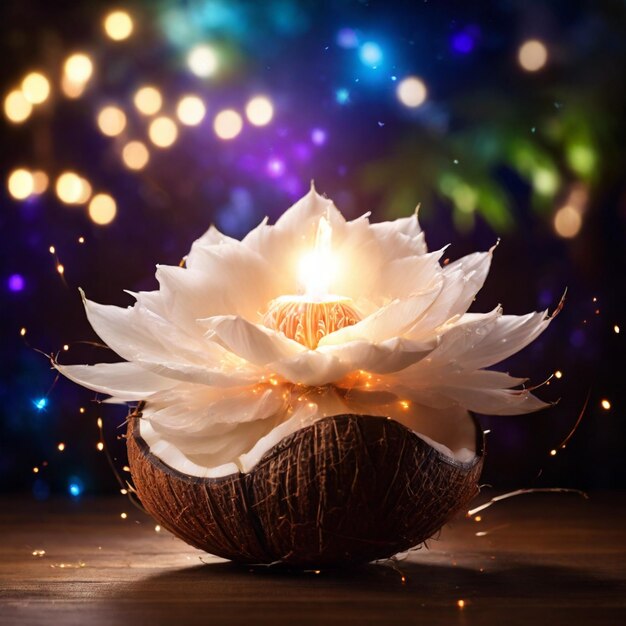 Beautiful Magical Coconut Flower with magical lights in the background