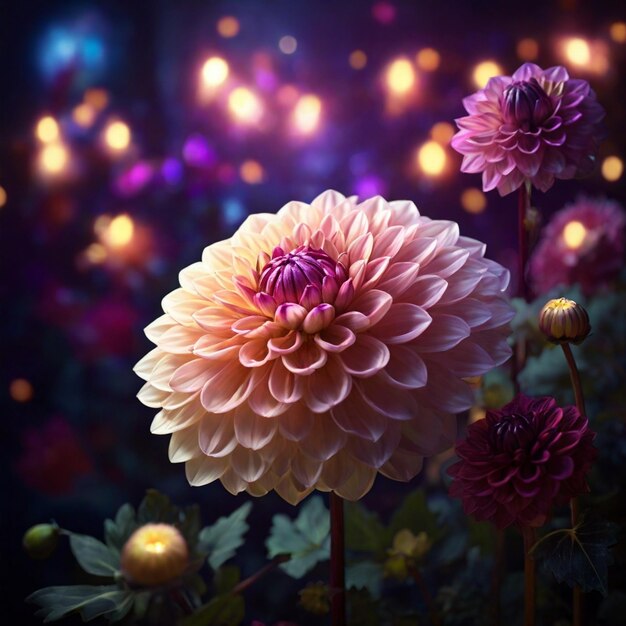 A Beautiful Magical Dahlia Flower with magical lights in the background