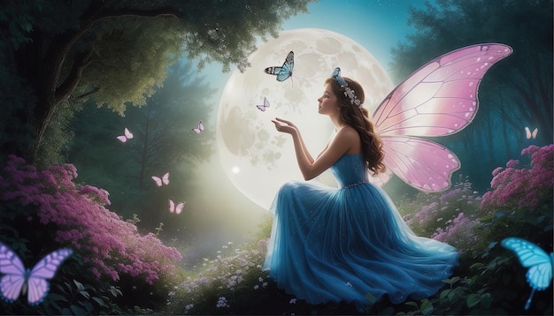 Красивая волшебная фея с красочной милой бабочкой и луной скачать бесплатно изображения