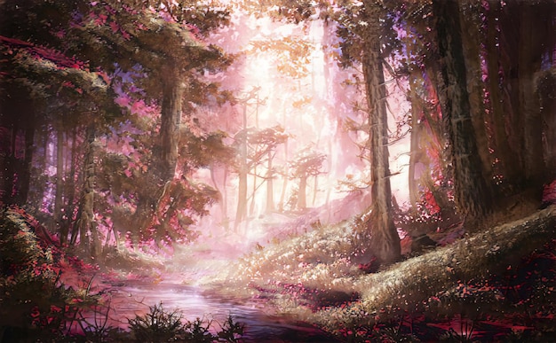 Beautiful magical forest fabulous trees. Forest landscape, sun rays illuminate the leaves and branches of trees. Magical summer forest. Illustration