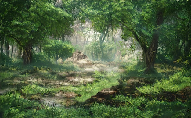 Beautiful magical forest fabulous trees. Forest landscape, sun rays illuminate the leaves and branches of trees. Magical summer forest. Illustration