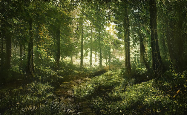 Foto bella foresta magica alberi favolosi i raggi del sole del paesaggio forestale illuminano le foglie e i rami degli alberi illustrazione magica della foresta estiva