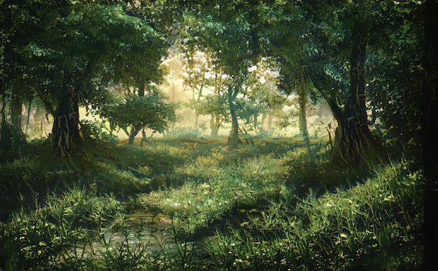 아름다운 마법의 숲 멋진 나무 숲 풍경 태양 광선은 나무의 잎과 가지를 비추는 마법의 여름 숲 그림